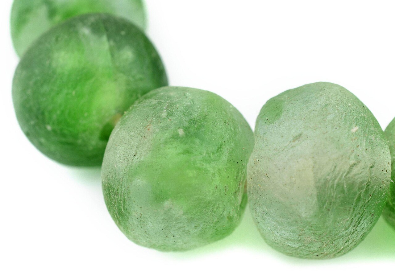 Super Jumbo Recycled Glass Beads - Beaded Wall Hangings - Extra Large African Sea Glass Beads 32-35mm - The Bead Chest (Green Swirl)